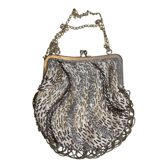 La Regale Hand‑Beaded Evening Purse Gold Bronze Silver Beads Hong Kong VTG EUC - Picture 1 of 12